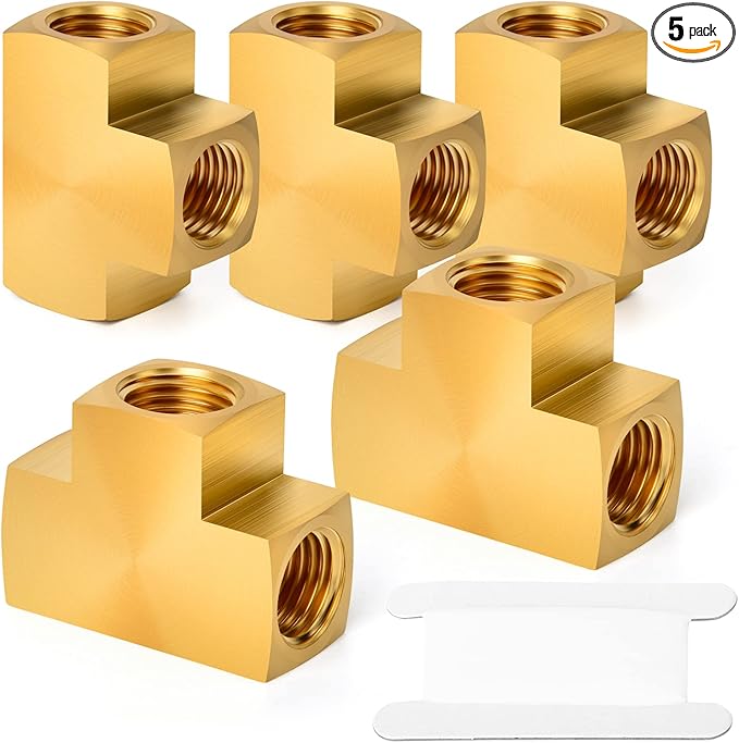 GASHER 5 Pcs Brass Barstock Tee, 1/4" x 1/4" x 1/4" NPT Female Pipe Fittings