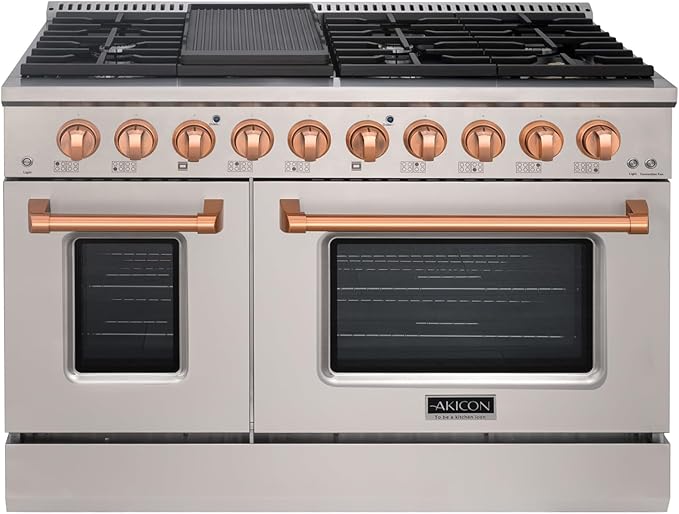 Akicon 48 Inch Freestanding Gas Range - 6.7 cu. ft. Double Rapid Convection Oven - Gas Stove with 8 Sealed Burners & a Griddle, Heavy Duty Cast Iron Grates (Copper & Stainless Steel)