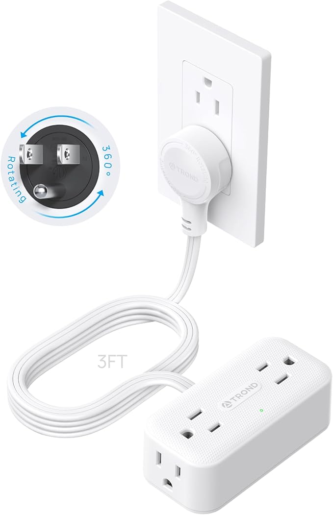 TROND 360° Rotating Plug 3FT Extension Cord, 4 Widely Spaced AC Outlets, Flat Plug Surge Protector, Wall Mount, Surge Protection Power Strip for Travel Kitchen Dorm Room Essentials, White