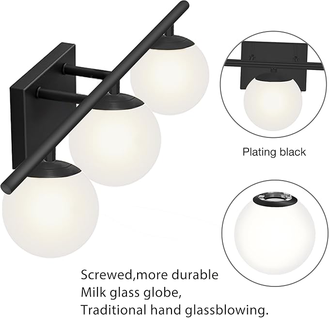 New Bathroom Vanity Light Fixtures Brushed Bronze Milk White Globe Glass Shade Modern Wall Bar Sconce Over Mirror (Black, 3 light-24inch-G9)