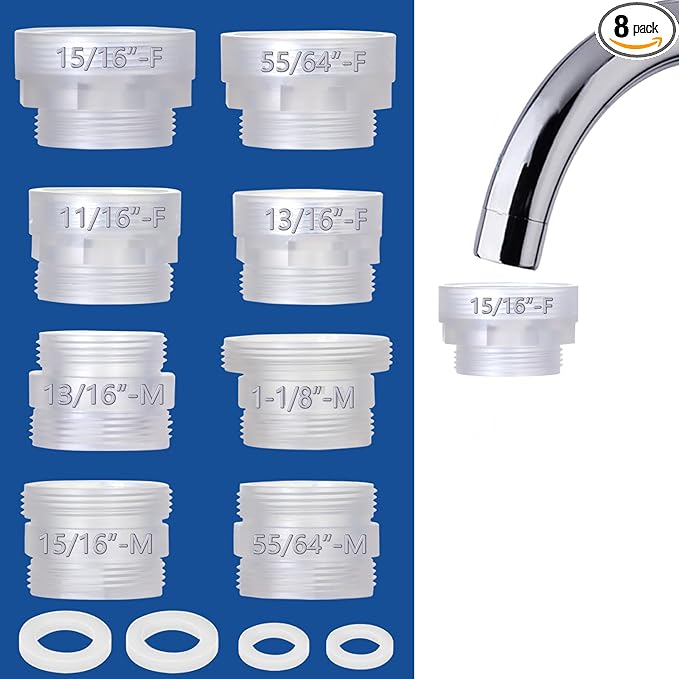 8PCS Faucet Adapter Set for Kitchen & Bathroom – HeavyDuty BPAFree ABS Male/Female Tap Converters with Inch & Metric Labels – Connects Brita, PUR Faucet Filters to Threaded Taps