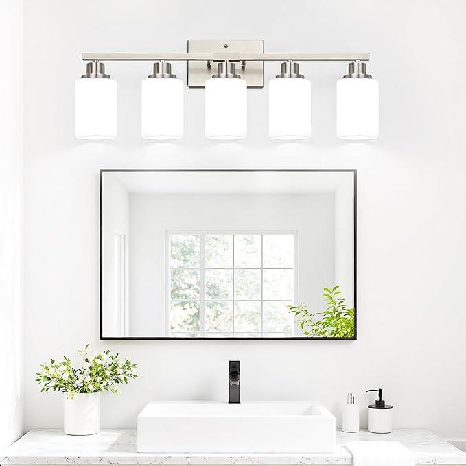 5-Light Vanity Light with Milky White Shades, Brushed Nickle Bathroom Lighting Fixtures Over Mirror, Modern Bathroom Wall Lamp for Mirror Living Room Cabinet Bedroom