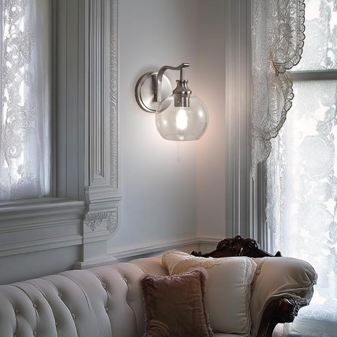 ANDY STAR Brushed Nickel Bathroom Light Fixtures, 1-Light Vanity Lights, Modern Bathroom Wall Sconces Lighting with Globe Clear Glass Shade Up or Down Wall Mounted for Kitchen, Living Room, Hallway