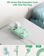 6 USB Green Travel Power Strip- 5Ft Green Extension Cord with 4.8A 2 USB C Charging Station and 4 Outlets, Cute Desk Accessories with Switch for Kawaii Pink Home Office College Dorm Room 24W