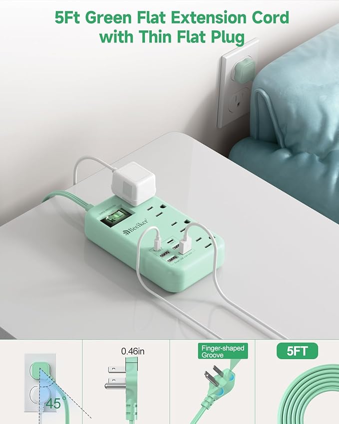 6 USB Green Travel Power Strip- 5Ft Green Extension Cord with 4.8A 2 USB C Charging Station and 4 Outlets, Cute Desk Accessories with Switch for Kawaii Pink Home Office College Dorm Room 24W