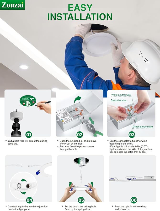 zouzai 1 Pack 8 Inch 18W Eqv 150W 1620LM 5CCT Ultra-Thin LED Recessed Ceiling Light with Junction Box, 2700K/3000K/3500K/4000K/5000K Selectable, 18W Eqv 125W, Dimmable - ETL and Energy Star Certified