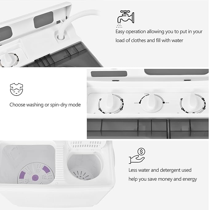COSTWAY Portable Washing Machine, Twin Tub 26 Lbs Capacity, 18 Lbs Washer and 8 Lbs Spinner, Compact Washer with Control Knobs, Timer Function, Drain Pump, Laundry washer for Apartment RV, Grey