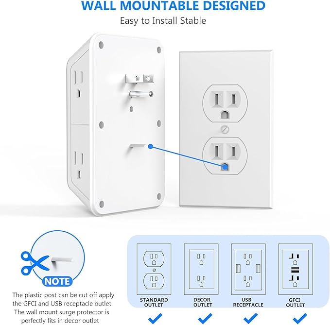 2 Pack Wall Charger, Surge Protector 6 Outlet Extender Multi Plug Wall Outlets with 4 USB Charging Ports (2 USB C Outlet) 3 Sided 1050J Power Strip Wall Adapter Spaced for Home Travel Office