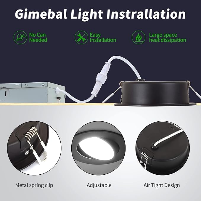 Black Gimbal recessed Lights 4 Inch 6 Pack, Gimbal canless recessed Lights with Junction Box,9W 750LM,Dimmable,5CCT Selectable,Air Tight