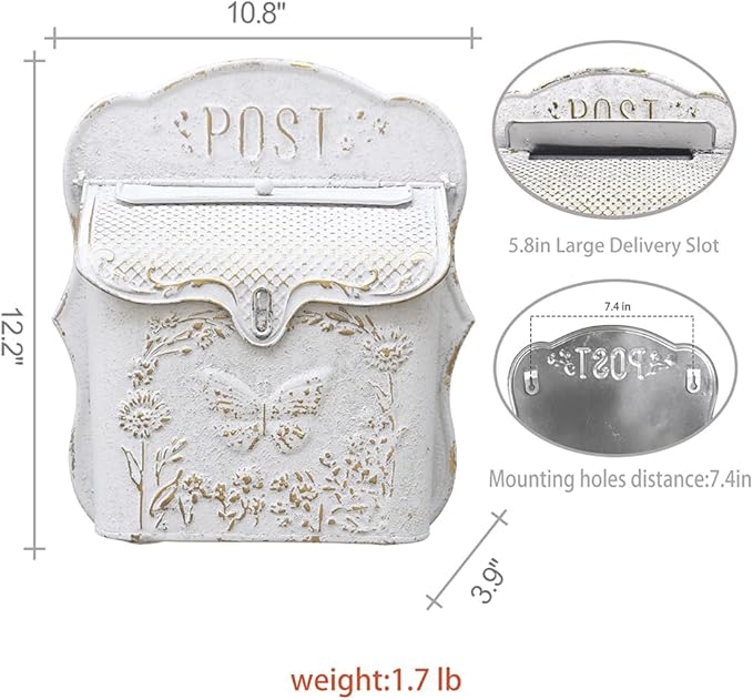 Mailbox Wall Mount Mailboxes for Outside Vintage Mail Boxes for House Outside Metal Drop Box Antique Style Nostalgic Charm Home Decorative, Butterfly Pattern, White
