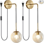 KCO Lighting Modern Plug in Wall Sconce Set of 2 Gold Glass Globe Bathroom Wall Sconce Mid Century Adjustable Wall Lamp Plug in for Corridor Bedroom Entryway (Amber & 2-Pack)