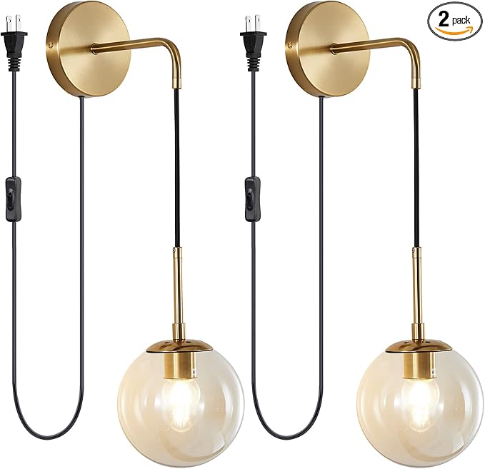 KCO Lighting Modern Plug in Wall Sconce Set of 2 Gold Glass Globe Bathroom Wall Sconce Mid Century Adjustable Wall Lamp Plug in for Corridor Bedroom Entryway (Amber & 2-Pack)