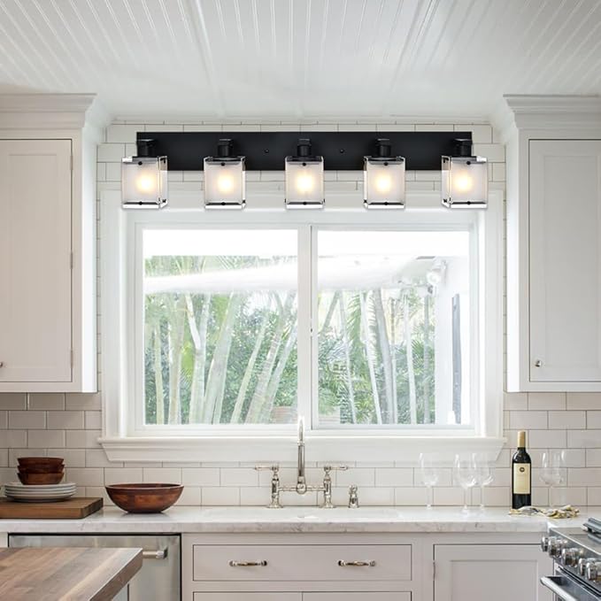 5-Lights Bathroom Light Fixtures, Matte Black Modern Vanity Lights with Rectangular Frosted Glass for Over Mirror Dressing Table, E26 Bulb Base