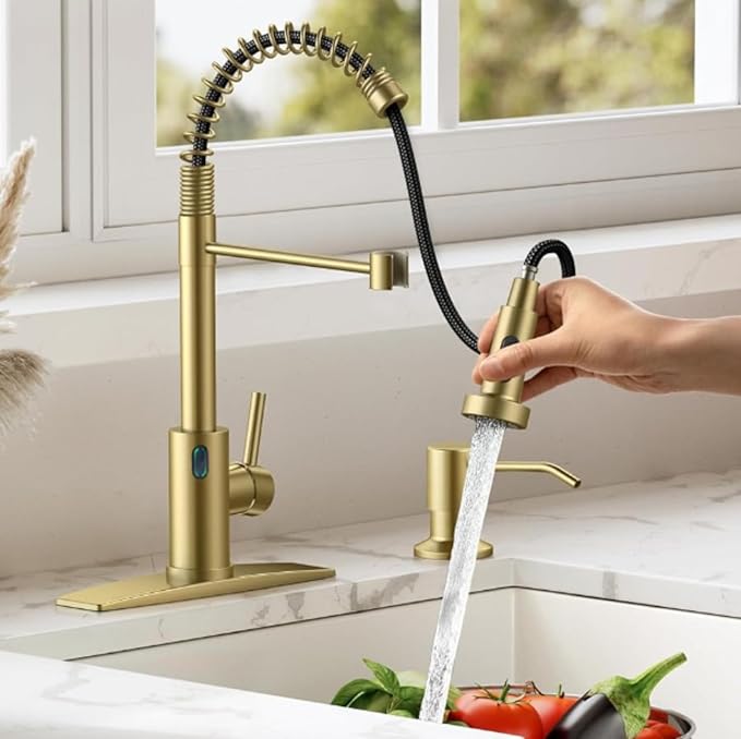 Touch-Less Kitchen Faucet, 3 Modes Pull Down Sprayer, LED Temperature Control,Sensor Activated,Ceramic Valve, 360-Degree Rotation, 1 or 3 Hole Deck Plate. 10-Year Warranty. (KW-79J, Gold)