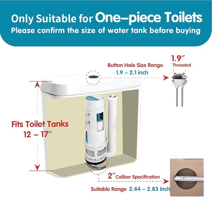 2-Inch Dual Flush Valve Replacement Kit for One-Piece Toilets - Includes 10" Tall Flush Valve, 1.9" Threaded Button, Fill Valve - Fits 12-17" Tall Tanks with 2.56-2.76" Drain Holes