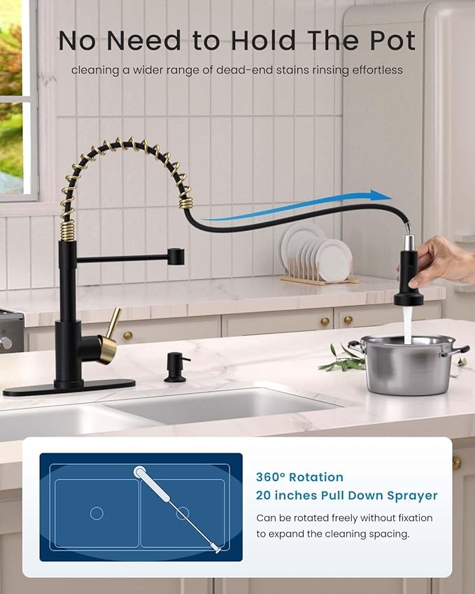APPASO Black and Gold Kitchen Faucet with Soap Dispenser, Pull Down Kitchen Faucet Commercial Single Handle High Arc Tap for Sink, Farmhouses, RV, Laundry Room, Outdoor