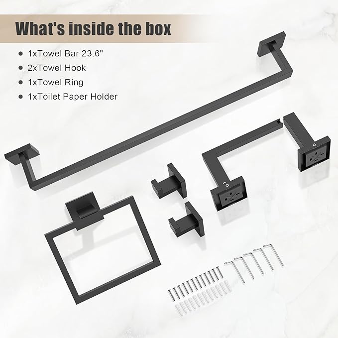 TQKAG Matte Black Bathroom Hardware Accessories Set 5 Pieces, Double Post Pivoting Toilet Paper Holder Set Stainless Steel Square Bathroom Towel Bar Holder Set Wall Mounted