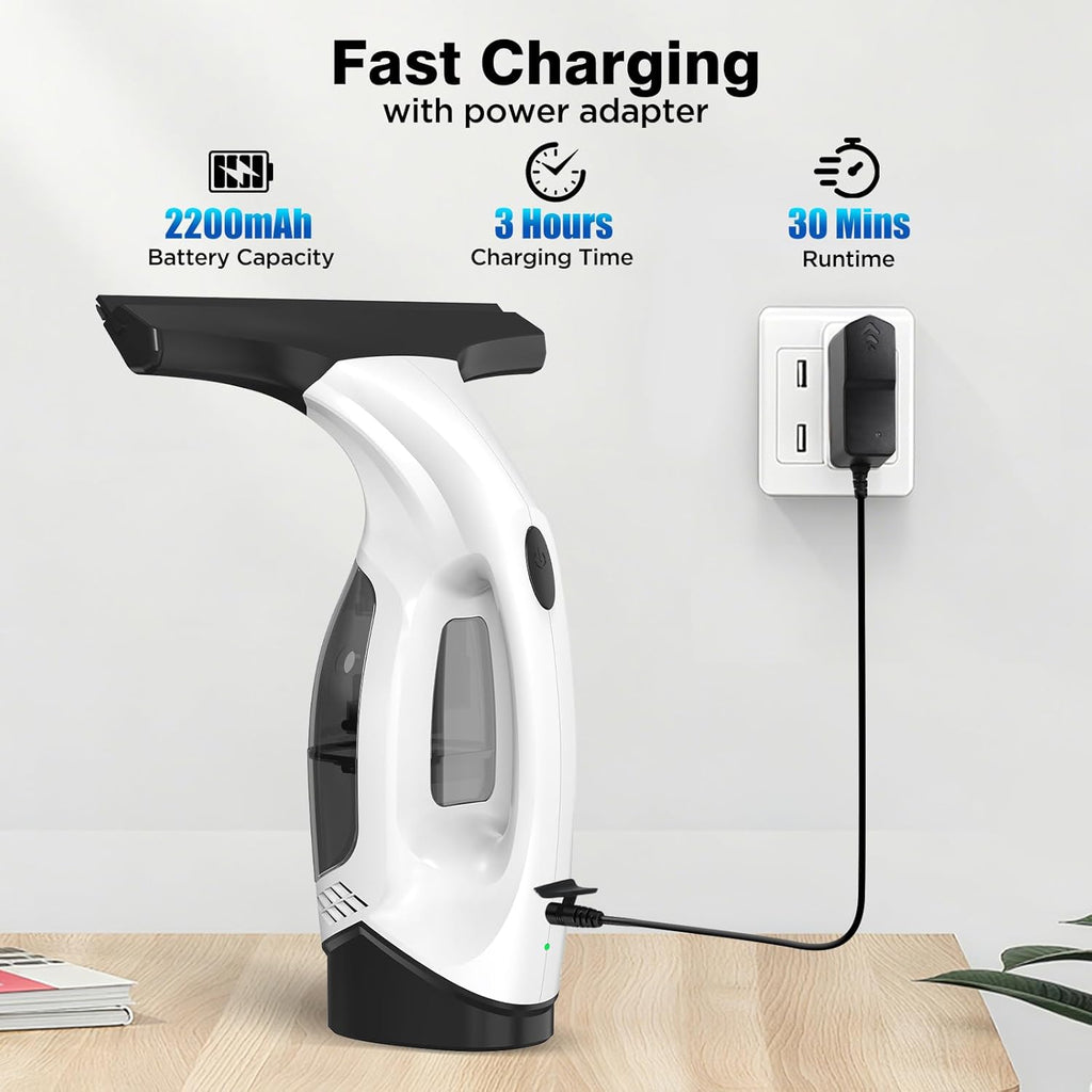 Window Vacuum Squeegee Cordless, 2000Pa Electric Window Cleaner Tool with 2200mAh & 150ml Water Collection Tank, Window Cleaning Kit Shower Squeegee for Glass Doors, Windows, Mirrors, Car (White)