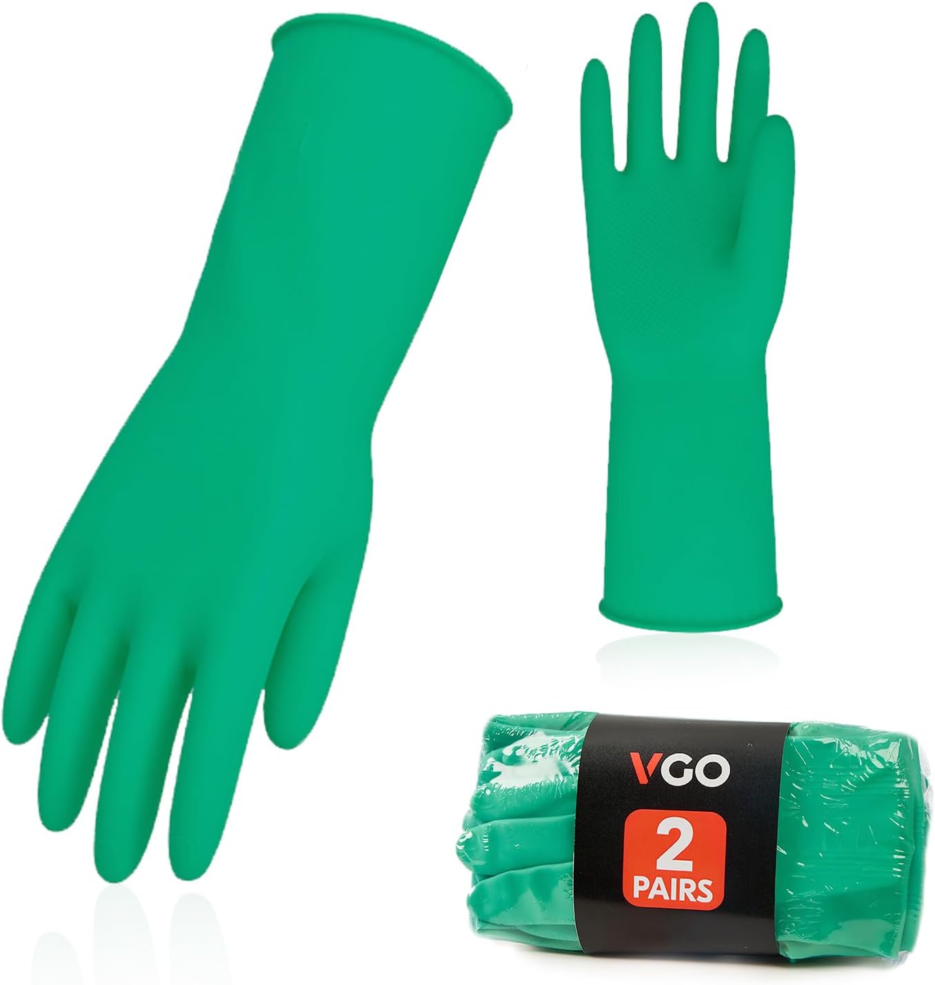 Vgo... 2-Pairs Reusable Household Gloves, Rubber Dishwashing gloves, Extra Thickness, Long Sleeves, Kitchen Cleaning, Working, Painting, Gardening, Pet Care (Size XL, Green, HH4601)