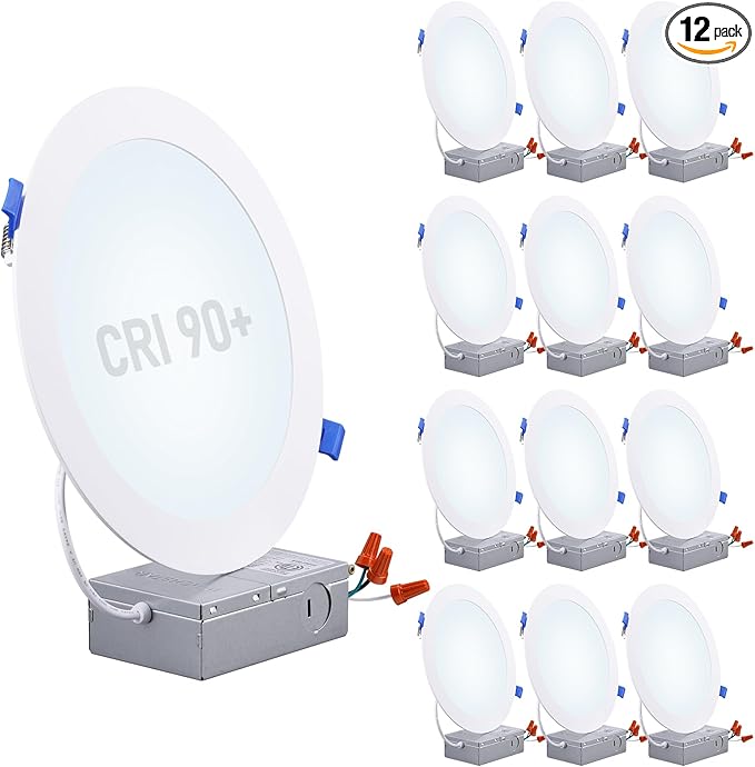 TORCHSTAR Basic Series 12-Pack 8 Inch Ultra-Thin LED Recessed Lighting with Junction Box, CRI90, Aluminum, 5000K Daylight, 5%-100% Dimmable Slim Recessed Downlight, 18W 1500LM, ETL and Energy Star
