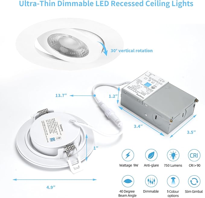 4 Inch Led Recessed lights Ultra-Thin Adjustable Eyeball Gimbal LED Recessed Lighting with Junction Box 9 Watts 750Lm Dimmable ceiling light ETL Listed (2700K/3000K/3500K/4000K/5000K Option 12Pack)