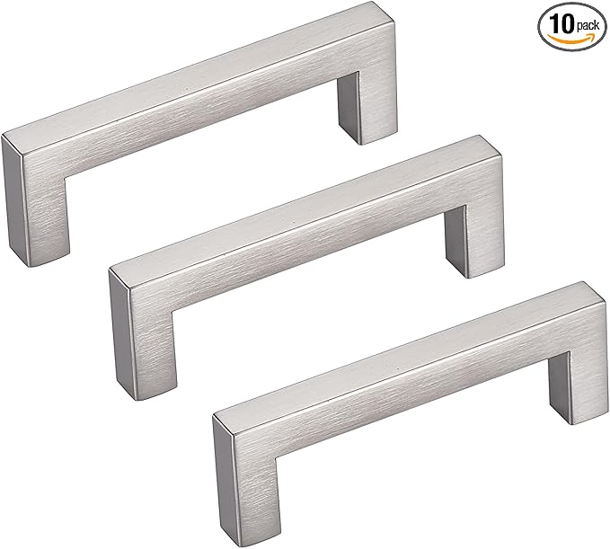 10 Pack Brushed Nickel Cabinet Pulls 3 3/4 Inch Hole Center Square Cabinet Pulls Drawer Handles Cupboard Handles Modern Stainless Steel Kitchen Cabinet Hardware