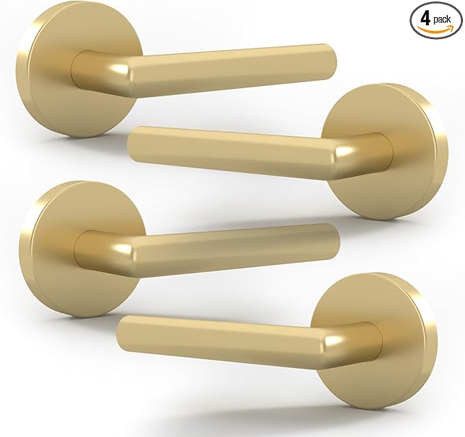 Mega Handles Ronn Dummy Door Handles - 4 Pack Heavy Duty Gold Door Handle, Non-Turning Door Handle for Hallway, Closet & French Doors, Single Side, Fits All Standard Doors - Satin Brass