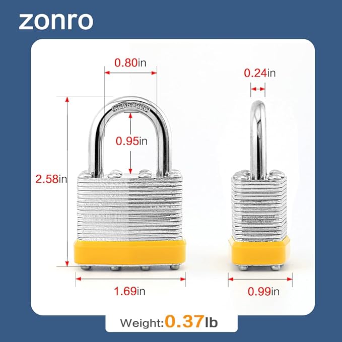 ZonRo Locks Laminated Steel Keyed Padlocks,Keyed Alike Locks, 1-9/16 inch Wide,Normal Shackle Padlocks, Pack of 24，Yellow Hoop, for Hasp Latch, Sheds, Fences, Storage Locker, School, Gym