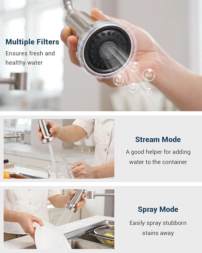 APPASO Kitchen Faucet with Soap Dispenser Brushed Nickel, Pull Down Commercial Single Handle High Arc Faucet for Sink, Stainless Steel Kitchen Faucet for Sink 2 or 4 Hole