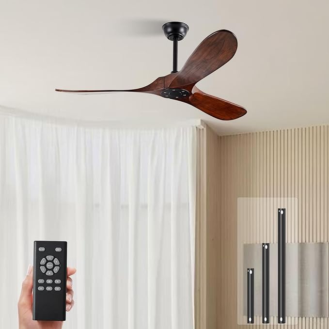 52" Walnut Wood Ceiling Fans,Outdoor Ceiling Fan without Light for Patios,3 Blade Small Propeller Fan Ceiling Mount for Outside Pergola,6 Speed Reversible Quiet DC Motor Fan for Bedroom