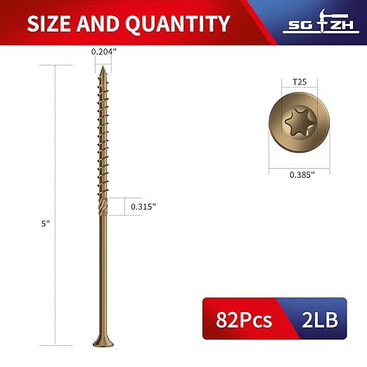 #10 x 5 Inch Deck Screws (82Pcs) 2lb. Carbon Steel, Yellow, Flat Head, Rust Resistant epoxy Coated, with T25 Star Bit