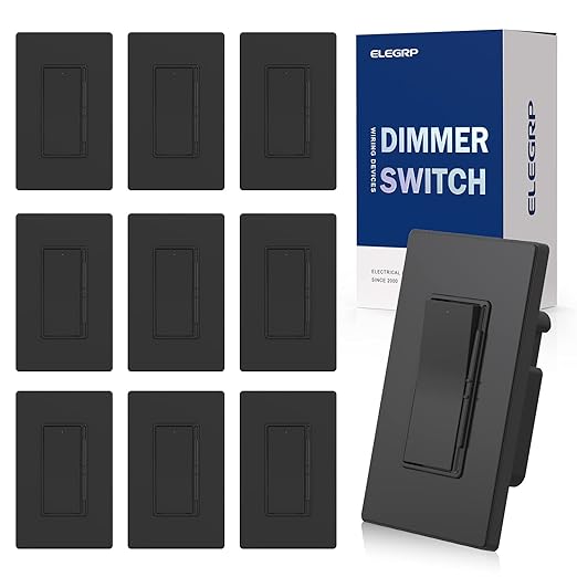 ELEGRP Dimmer Light Switch for 300W Dimmable LED/CFL Lights and 600W INC/HAL Bulbs, Single Pole/3-Way LED Slide Dimmer Light Switch, Wall Plate Included, UL Listed, 10 Pack, Black