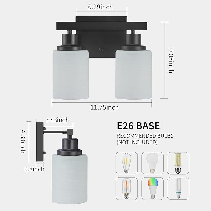 Bathroom Light Fixtures Over Mirror, 2-Light Modern Matte Black Vanity Lights with White Frosted Glass Shade, Bathroom Wall Lamp Sconces for Mirror Bedroom, Living Room Hallway Small Space
