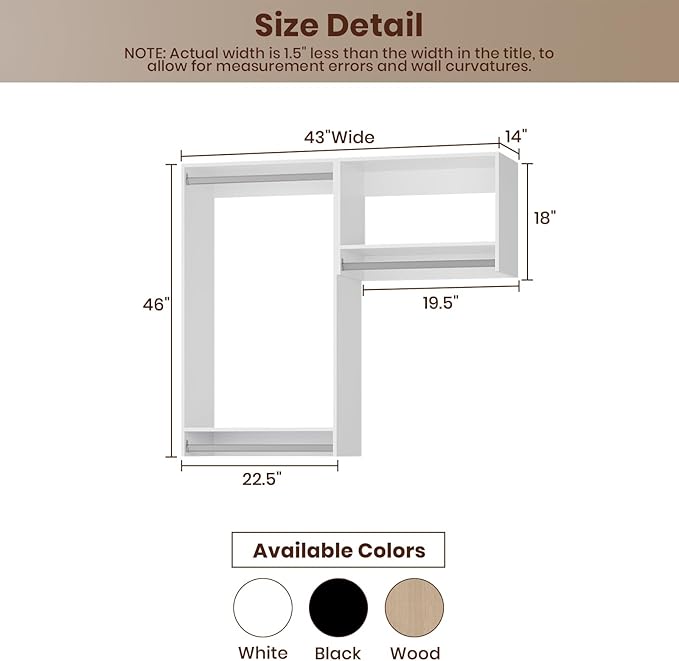 ROOMTEC Modular Closet System, 43" Wall-Mounted Closet Organizer with Hanging Rods, Wooden Tower for Walk-In Closets, Wardrobe Storage Kit, White