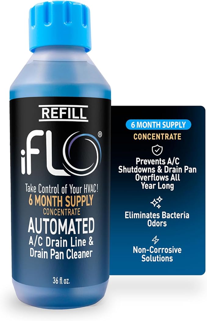 iFLO® Smart A/C Drain Line Cleaner and Drain Pan Cleaner Cartridge Concentrate, Fast-Acting, Long-Lasting HVAC System Solution for Tough Clogs & Buildup, 6-Month Supply per Bottle, 1 Pack of 36oz