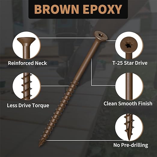 Wood Screws 4 Inch, FIXLINK Deck Screws #10 x 4, 105 PCS, Epoxy Coated, T25 Star Bit Above 1500 Hour Salt Spray Coating Outdoor Decking Screws Excellent Rust Resistant for Wood Fence, Brown