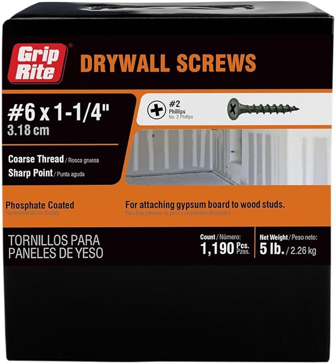 Grip-Rite 114CDWS5#6 X 1-1/4" Phillips Bugle Head Coarse Thread Sharp Point Drywall Screw, 5lb Box