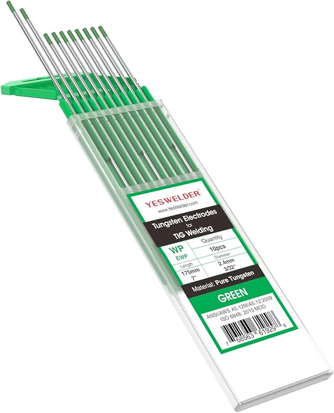 YESWELDER TIG Welding Tungsten Electrode Pure Tungsten 3/32" x 7" (Green, EWP) 10-pk