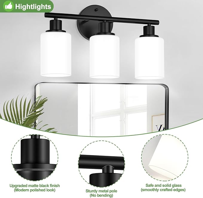 3-Light Bathroom Light Fixtures, Black Modern Vanity Lights with Milky White Frosted Glass Shades, Bathroom Wall Lamp for Mirror Kitchen Living Room Hallway Cabinet Porch