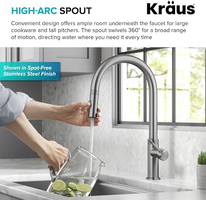 KRAUS Oletto Modern Industrial Pull-Down Single Handle Kitchen Faucet in Spot Free Stainless Steel, KPF-2654SFS