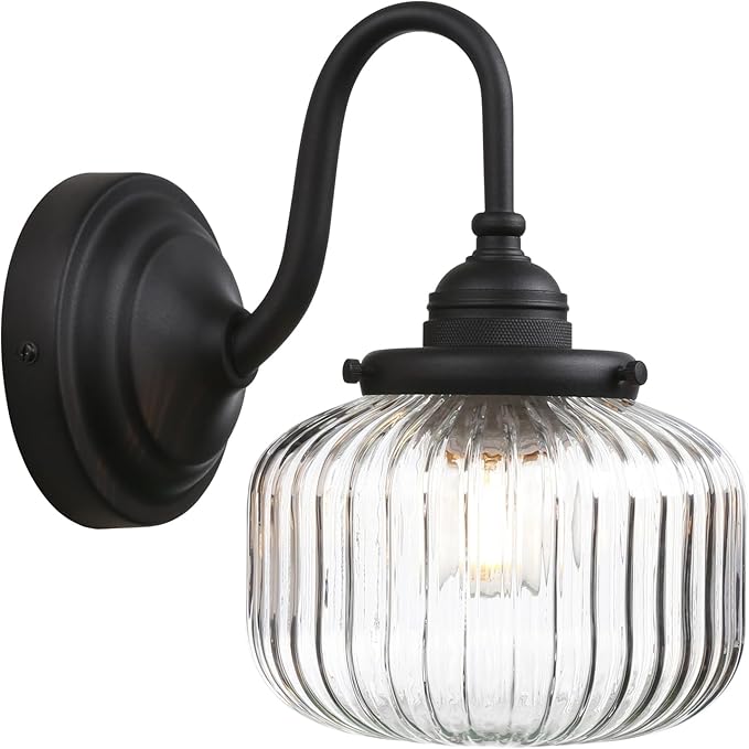 Vintage Gooseneck Wall Sconce 1-Light with Clear Striped Glass Globe Shade Indoor Hardwired Wall Mounted Lamp Fixture