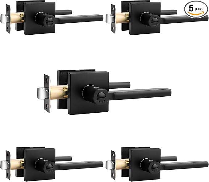Probrico Privacy Black Door Handle Interior Lockset Heavy Duty Square Door Lever for Bedroom or Bathroom Reversible Keyless Slim Handleset Door Knob 5 Pack