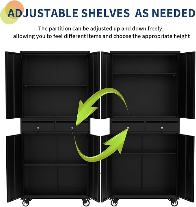 GarveeHome 72" Metal Storage Cabinet with Wheels, Locking Doors & 2 Drawers,Heavy Duty Rolling Garage Organizer with 3 Adjustable Shelves (with Wheels, with 2 Draws)