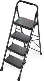 KINGRACK Step Ladder, Portable Folding Step Stool with Anti-Slip Wide Pedals, Heavy Sturdy Steel with Handrail, Safe-Lock Design, 800lbs Load Capacity, for Home and Kitchen, Black (4 Step Ladder)