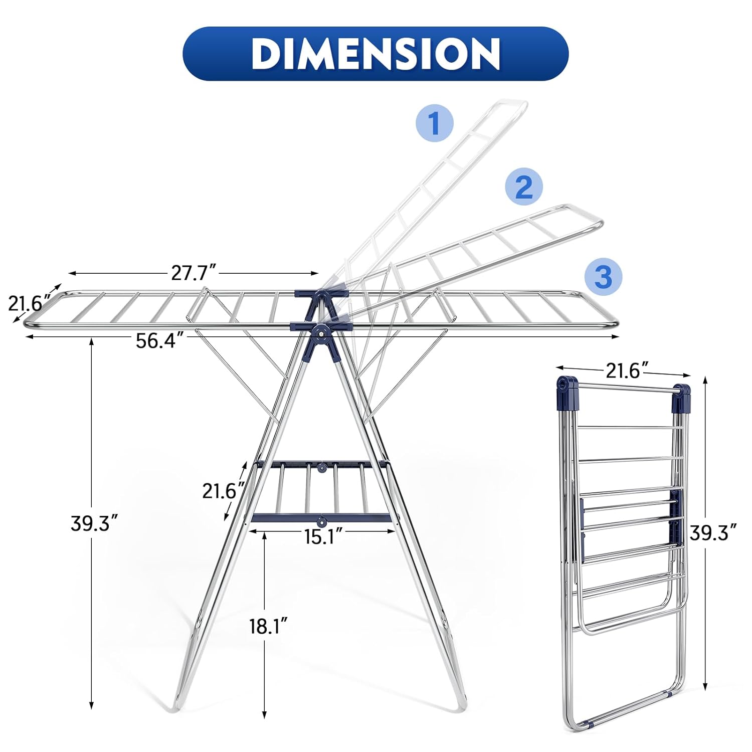 APEXCHASER Clothes Drying Rack, Drying Rack Clothing with Height-Adjustable, Foldable Gullwings Laundry Drying Rack, Indoor Outdoor Use, No Assembly