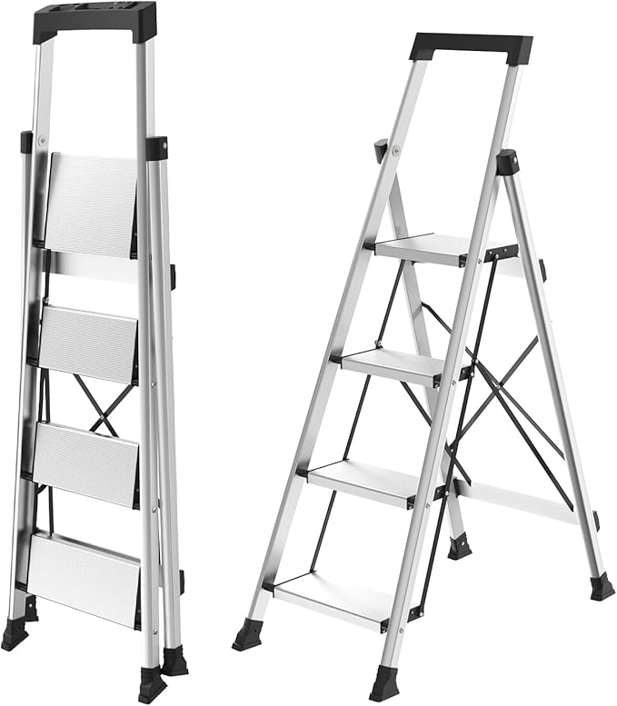 HBtower 4 Aluminum Step Ladder, Strudy Ladders for Home with Tool Tray, Anti-Slip Folding Step Stool for Adults, Light Weight Portable 330lbs Safety for Kitchen Warehouse Outdoor Work