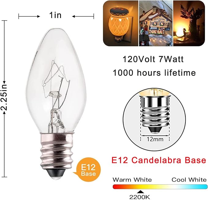 25 Pack C7 Clear Replacement Bulbs, C7 Outdoor Candle Light Bulbs, Night Candle Light for Indoor Outdoor Patio Bistro Party Decor Christmas String Light, E12 Candelabra Base, 5W