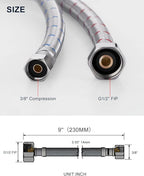 ALEASHA 9-Inch Long Faucet Hose, Stainless Steel Braided Faucet Supply Lines Bathroom Kitchen Faucet Connector, G1/2" FIP x 3/8" Compression Sink Water Hose Replacement Parts 2 PCS