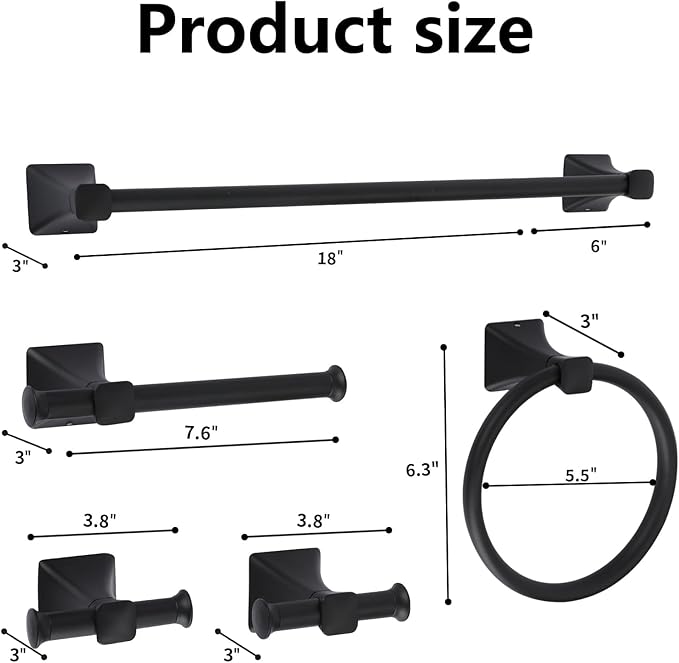 Matte Black Bathroom Hardware Set 5-Pieces, SUS304 Stainless Steel Bath Towel Bar Set Wall Mounted, Including Hand Towel Bar,Towel Ring, Toilet Paper Holder, 2Pcs Robe Towel Hook