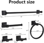 Matte Black Bathroom Hardware Set 5-Pieces, SUS304 Stainless Steel Bath Towel Bar Set Wall Mounted, Including Hand Towel Bar,Towel Ring, Toilet Paper Holder, 2Pcs Robe Towel Hook